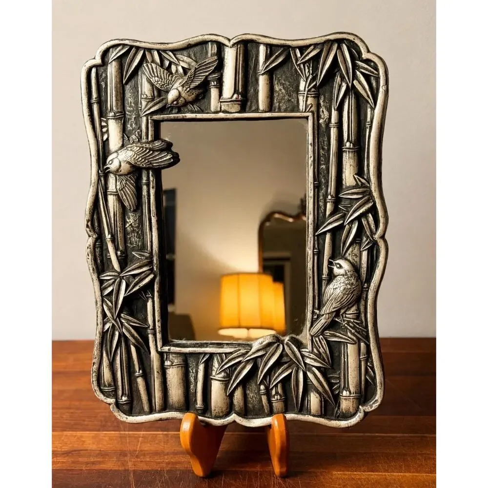 Vintage Chinoiserie Bamboo Bird Mirror | Silver Tone Hollywood Regency